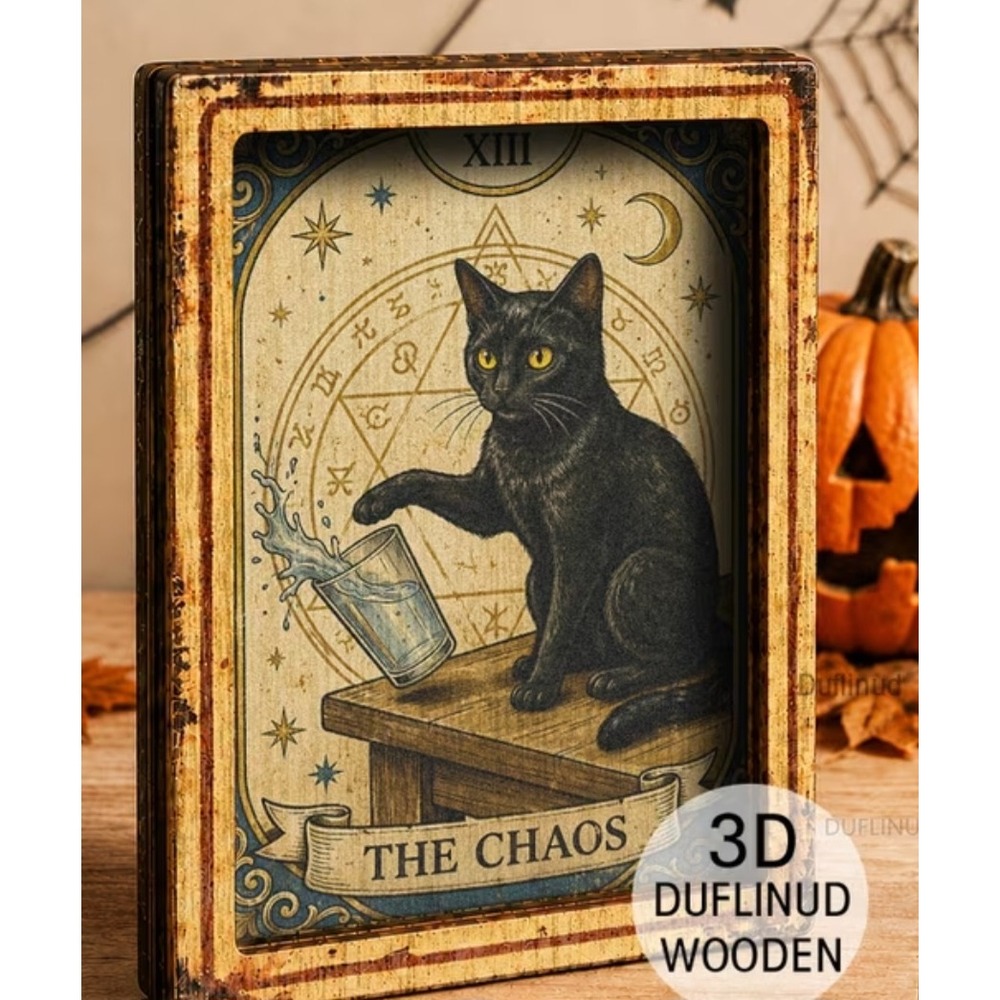 Wooden Black Cat The Chaos Tarot Card Refrigerator Magnet